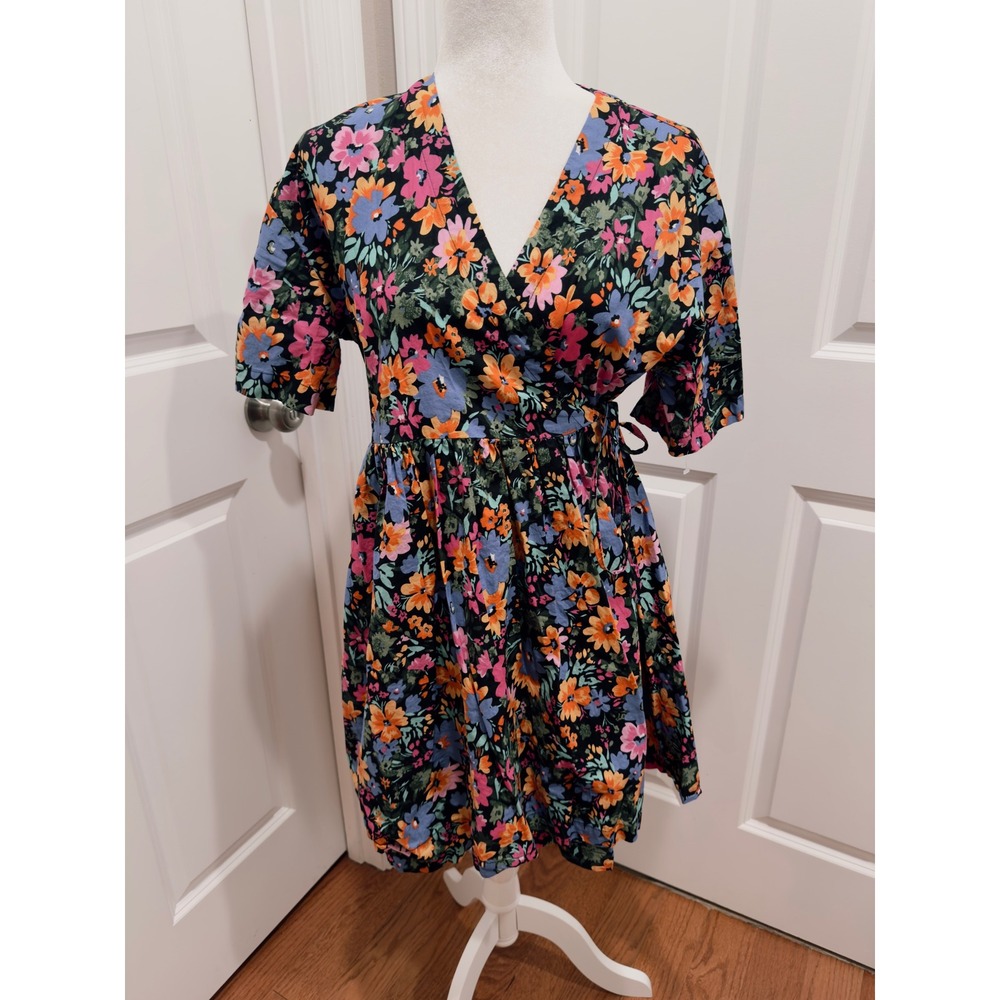 Mystic Threads Womens Floral Cotton Wrap Dress Black‎ Multi Color Short Sleeve M